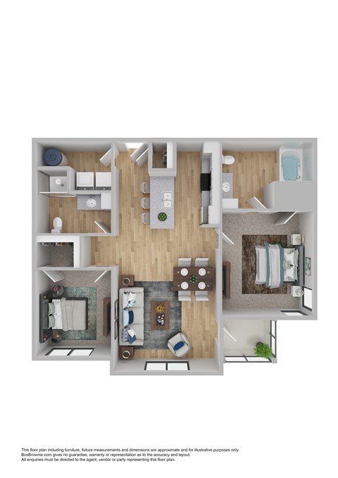 A floor plan of a furnished apartment with a kitchen, living room, and bathroom.